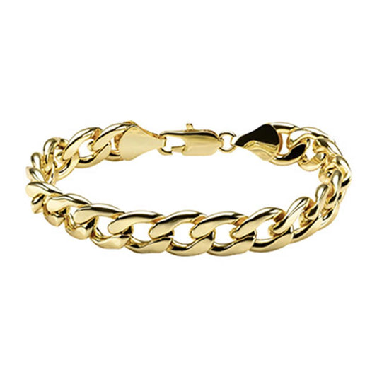 The INOX Stainless Steel Gold IP Diamond Cut Curb Chain Bracelet for men features large, interlocking links and a secure clasp. It boasts a polished, glossy finish that exudes luxury, reminiscent of high-end curb chain designs.