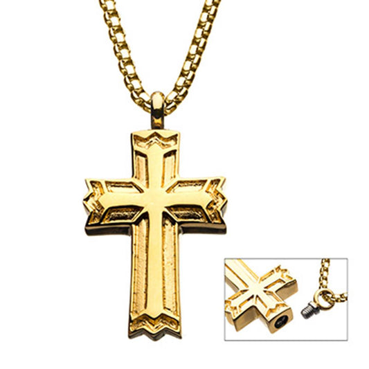 The Stainless Steel Gold Plated Stash Cross Pendant by INOX features a meticulously detailed cross design with a polished gold finish. An inset image highlights a close-up of the bottom of the cross, revealing a discreet hidden compartment with a screw-on cap. The pendant is paired with an elegant 22" box chain, making it an ideal addition to men’s stainless steel accessories.