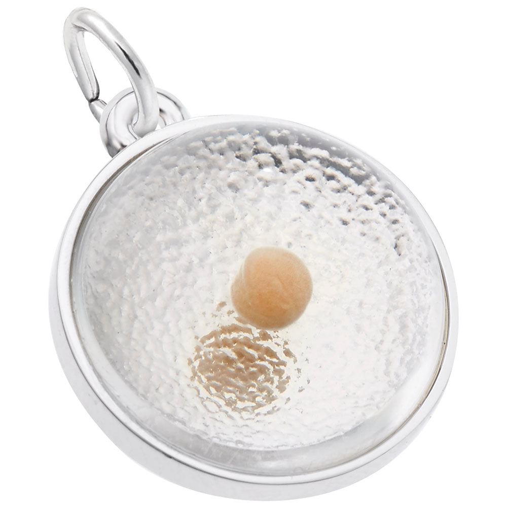 A round sterling silver charm, part of the "Mustard Seed Charm on Cable 20" Chain Necklace Sterling Silver" by Avonlea, features a textured, translucent interior with a small circular beige bead suspended in the center. The pendant includes a silver loop at the top for attaching to its accompanying chain.