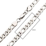 Close-up image of the INOX 4mm Steel Figaro Chain | 20" showcasing its stainless steel silver chain with interlocking oval links. A zoomed-in section highlights the link design with a note indicating the width as 4mm. The clasp is also visible. This stylish piece is perfect as a men's necklace with its sleek and modern Figaro chain pattern.