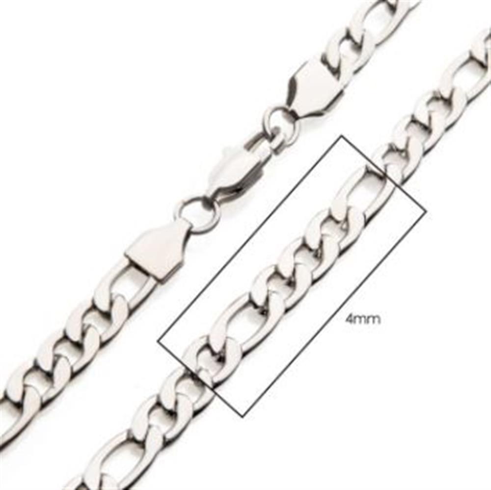 A close-up image of the 4mm Steel Figaro Chain by INOX, a 24" men's stainless steel silver chain necklace with a lobster clasp. The highlights showcase the narrow, interlocking links, and a section displays the chain's width of 4mm. The chain is depicted in both connected and slightly separated states.
