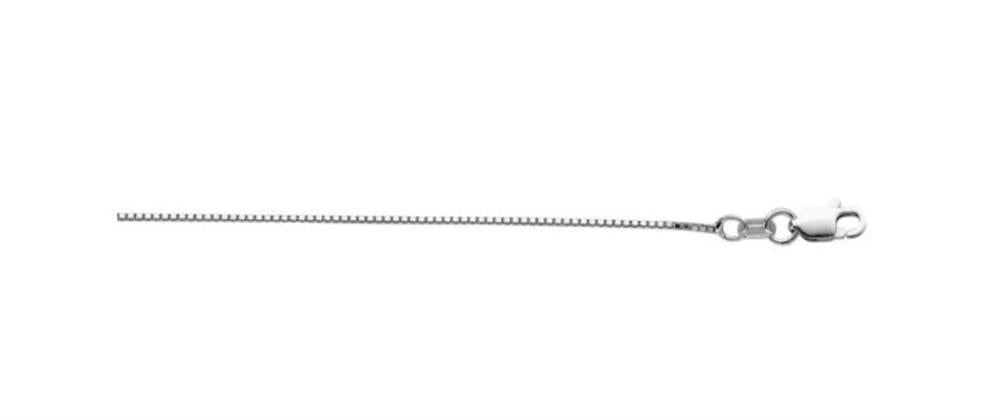 The 16-inch Sterling Silver 0.9mm Classic Box Chain from Royal Chain Group features a small lobster clasp closure on the right side. This Royal Chain necklace is simple and delicate, with a smooth and uniform texture.