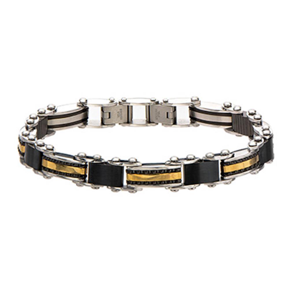 Introducing the INOX Men's Stainless Steel, Black IP and Gold IP Reversible Bracelet with S: A sleek men's bracelet featuring black and gold-tone segmented links, connected by polished silver hardware. This sturdy, masculine design includes self-adjustable links and a secure clasp closure.