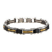 Introducing the INOX Men's Stainless Steel, Black IP and Gold IP Reversible Bracelet with S: A sleek men's bracelet featuring black and gold-tone segmented links, connected by polished silver hardware. This sturdy, masculine design includes self-adjustable links and a secure clasp closure.