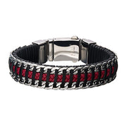Introducing the Men’s Stainless Steel Black Bracelet by INOX, a sophisticated bracelet featuring intertwined black bands with silver detailing along the edges. This sleek and modern accessory is fastened with a shiny stainless steel clasp, embodying both style and durability.
