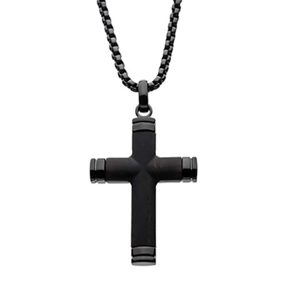 Product Description: The Black Plated Genuine Ebony Wood Inlaid Cross Pendant with Black Bold Box Chain by INOX features a cross pendant adorned with cylindrical arms and metallic accents at each end, giving it a modern and sleek design. Against the plain white background, the pendant and chain stand out beautifully.