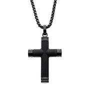 Product Description: The Black Plated Genuine Ebony Wood Inlaid Cross Pendant with Black Bold Box Chain by INOX features a cross pendant adorned with cylindrical arms and metallic accents at each end, giving it a modern and sleek design. Against the plain white background, the pendant and chain stand out beautifully.