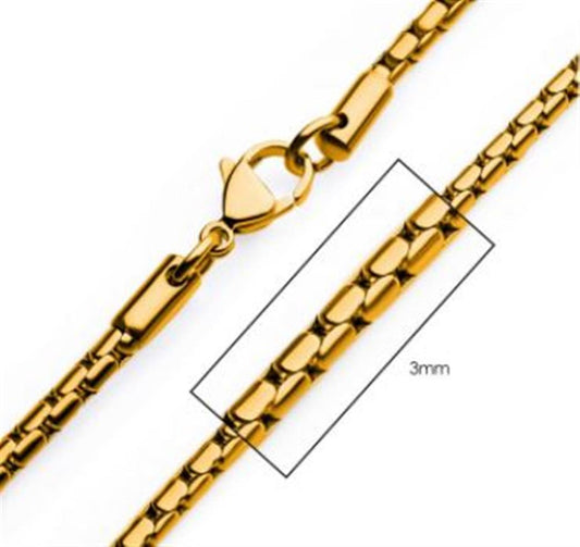 Close-up of the 3mm 18K Gold Plated Boston Link Chain Necklace by INOX, featuring a lobster clasp. This men's necklace, crafted from stainless steel, showcases a series of rectangular links and has a width measurement marking of 3mm.