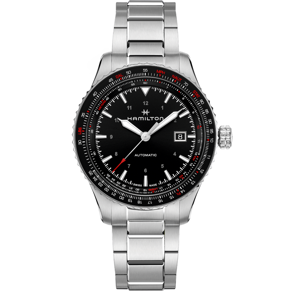 A Hamilton Khaki Aviation Converter Automatic Watch with a 42mm case, featuring a stainless steel strap and a black dial with a date display at 3 o'clock. The watch includes red and white accents on the bezel and dial markers, "Automatic" written above the 6 o'clock position, and an anti-magnetic hairspring.