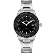 A Hamilton Khaki Aviation Converter Automatic Watch with a 42mm case, featuring a stainless steel strap and a black dial with a date display at 3 o'clock. The watch includes red and white accents on the bezel and dial markers, "Automatic" written above the 6 o'clock position, and an anti-magnetic hairspring.
