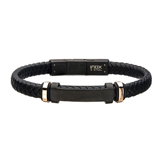 Men's Stainless Steel 8mm Black and Rose Gold Plated with Black Braided Leather ID Bracelet | 8.5"