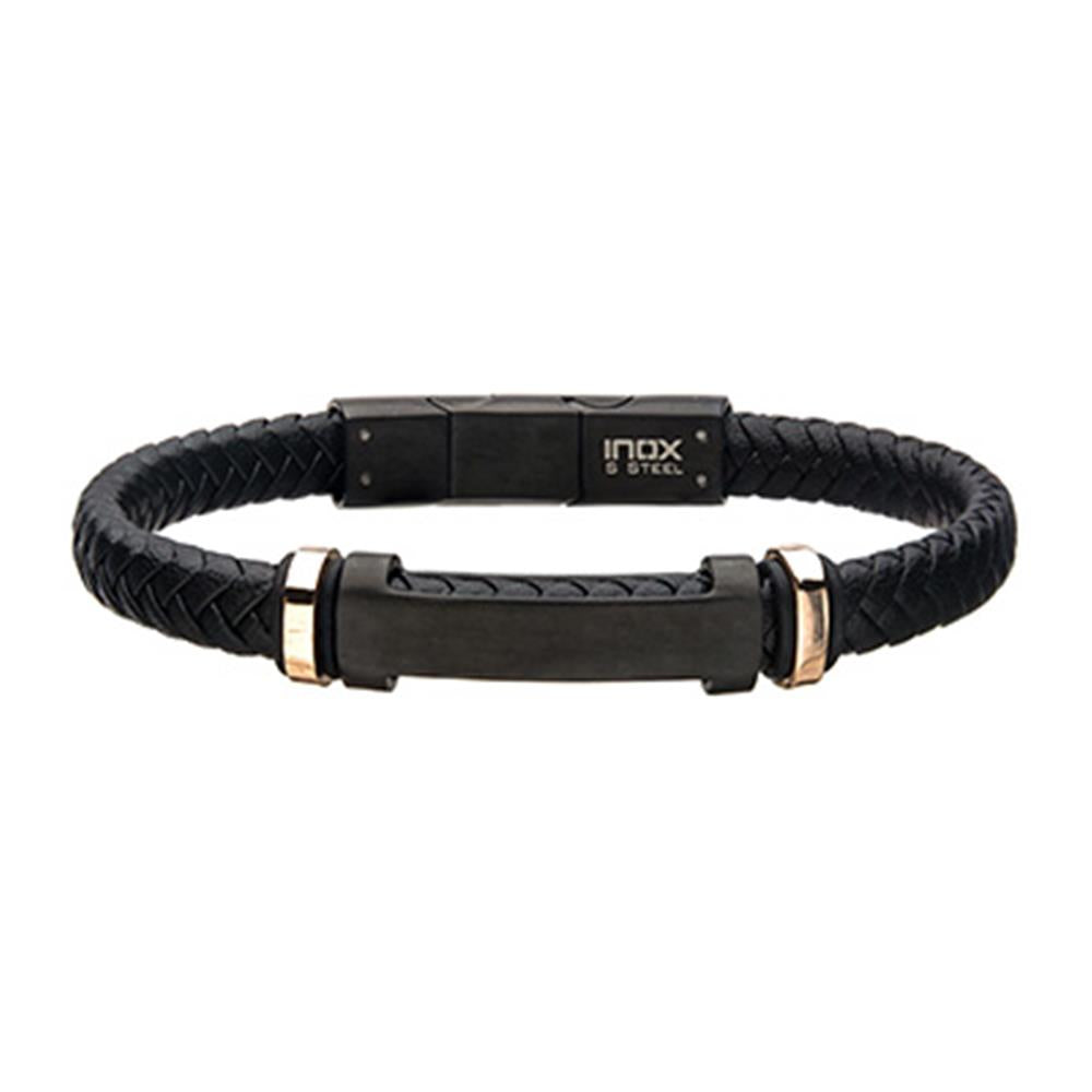 Introducing the Men's Stainless Steel 8mm Black and Rose Gold Plated with Black Braided Leather ID Bracelet from INOX. This elegant 8.5" bracelet features a sophisticated black braided leather design, complemented by dark metallic accents and a matte black metal clasp engraved with "INOX Steel" for an added touch of sophistication.