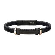 Introducing the Men's Stainless Steel 8mm Black and Rose Gold Plated with Black Braided Leather ID Bracelet from INOX. This elegant 8.5" bracelet features a sophisticated black braided leather design, complemented by dark metallic accents and a matte black metal clasp engraved with "INOX Steel" for an added touch of sophistication.