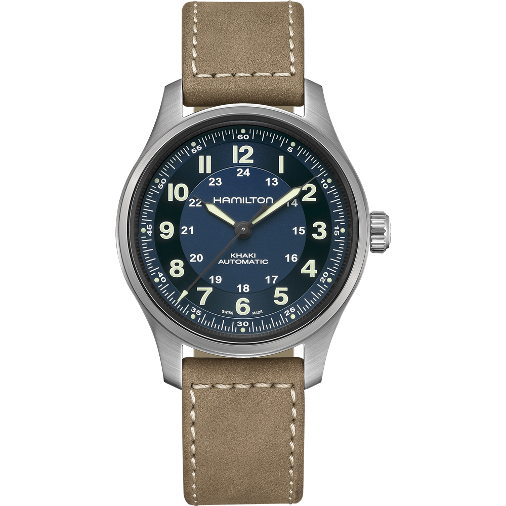 A Hamilton Khaki Field Titanium Automatic watch with a 42mm stainless steel case and a beige leather strap. This military-style timepiece features a dark blue dial with white Arabic numerals, luminous hands, and a date window at the 3 o'clock position. The watch also has a grooved crown.