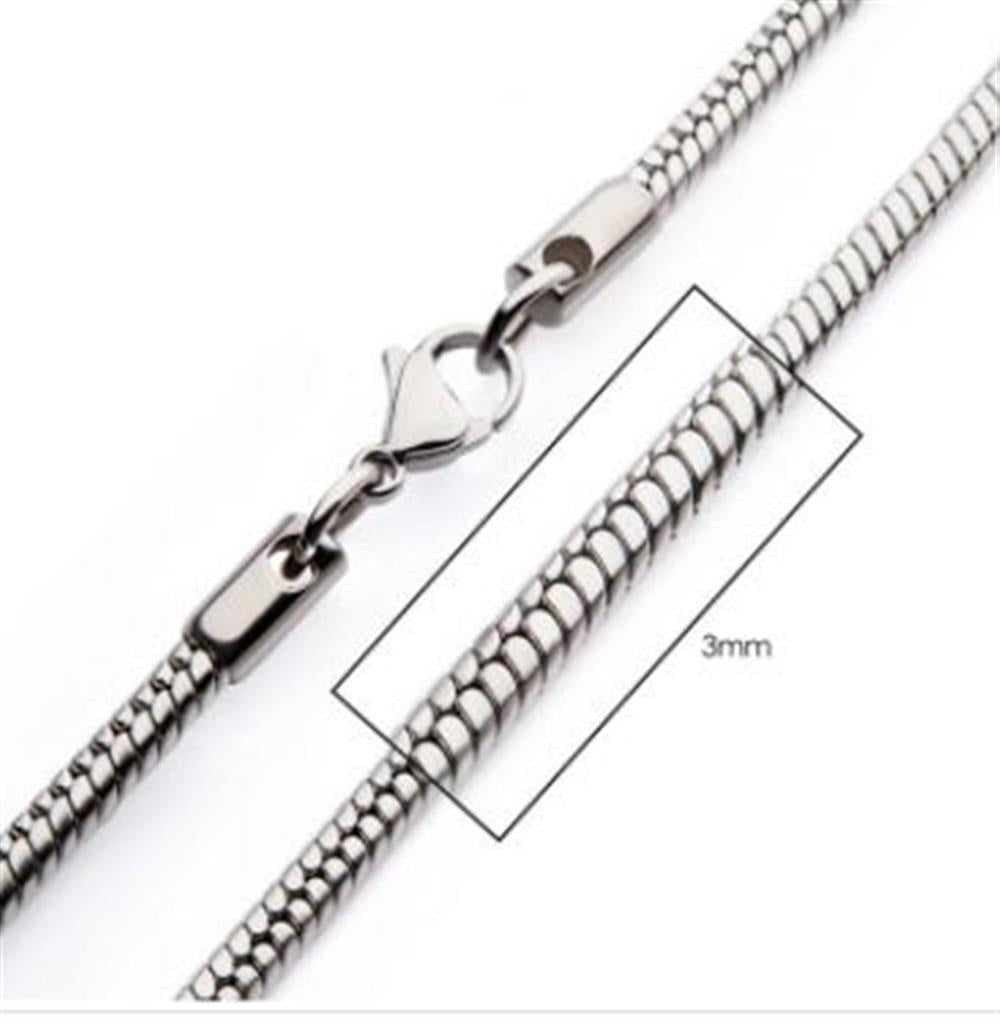 A close-up image of a silver, 3mm Steel Rattail Chain | 20" | INOX men's necklace with a lobster clasp. The chain's diameter is shown to be 3mm, with an inset zoom displaying the detailed texture of the interlocking links.