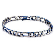 The Steel Blue IP Figaro Chain Bracelet by INOX is a stylish 8-inch men's stainless steel accessory, showcasing a sophisticated blend of silver and dark blue interlocking chain links. The bracelet features a matte finish and sleek, modern design that forms a continuous loop for an effortlessly chic look.