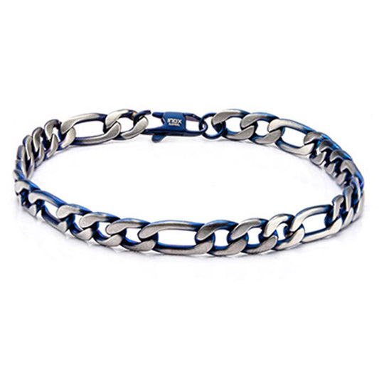 The Steel Blue IP Figaro Chain Bracelet by INOX is a stylish 8-inch men's stainless steel accessory, showcasing a sophisticated blend of silver and dark blue interlocking chain links. The bracelet features a matte finish and sleek, modern design that forms a continuous loop for an effortlessly chic look.