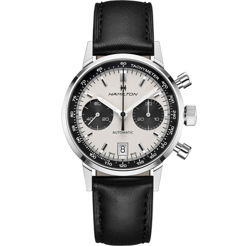 The Intra-Matic Automatic Chronograph Watch by Hamilton, featuring a panda dial, comes in silver and black with a black leather strap. The watch face includes three sub-dials positioned at the 3, 6, and 9 o'clock spots and a date display at the 6 o'clock mark. The brand name "Hamilton" is printed on the face.