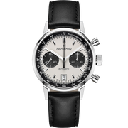 The Intra-Matic Automatic Chronograph Watch by Hamilton, featuring a panda dial, comes in silver and black with a black leather strap. The watch face includes three sub-dials positioned at the 3, 6, and 9 o'clock spots and a date display at the 6 o'clock mark. The brand name "Hamilton" is printed on the face.