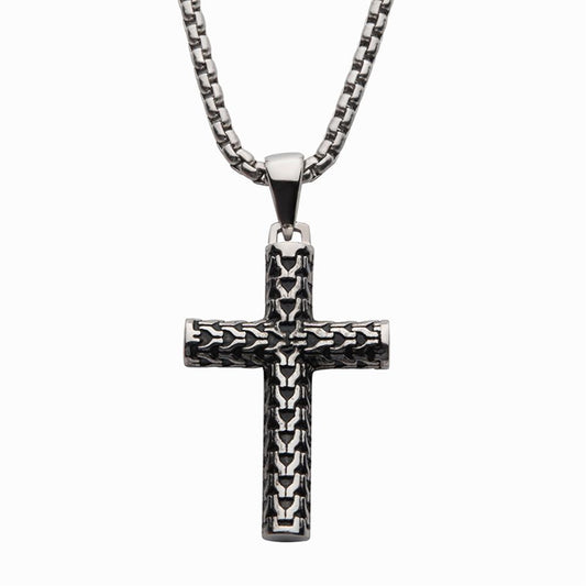 The Men's Steel Scale Cross Drop Pendant with Bold Box Chain by INOX features a cross-shaped design interwoven intricately. The pendant has a textured surface, giving it a unique and detailed appearance. The 22-inch bold box chain is composed of small, rectangular links for added sophistication.