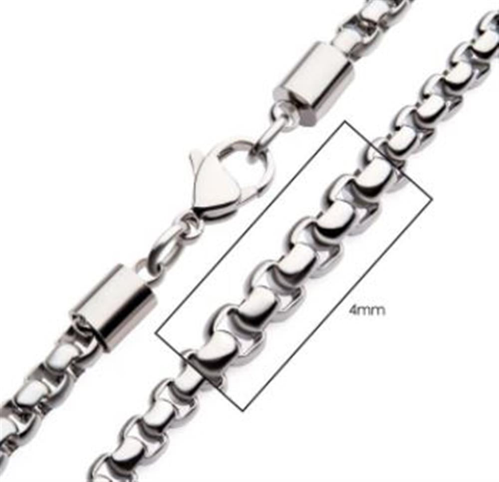 Close-up of the 4mm Steel Bold Box Chain Necklace by INOX. The men's stainless steel necklace features a lobster clasp and rounded, interconnected chain links measuring 4mm in width. A box highlights a segment to show fine details, making this 22" chain both stylish and durable.