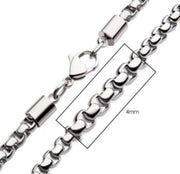 Close-up of the 4mm Steel Bold Box Chain Necklace by INOX. The men's stainless steel necklace features a lobster clasp and rounded, interconnected chain links measuring 4mm in width. A box highlights a segment to show fine details, making this 22" chain both stylish and durable.