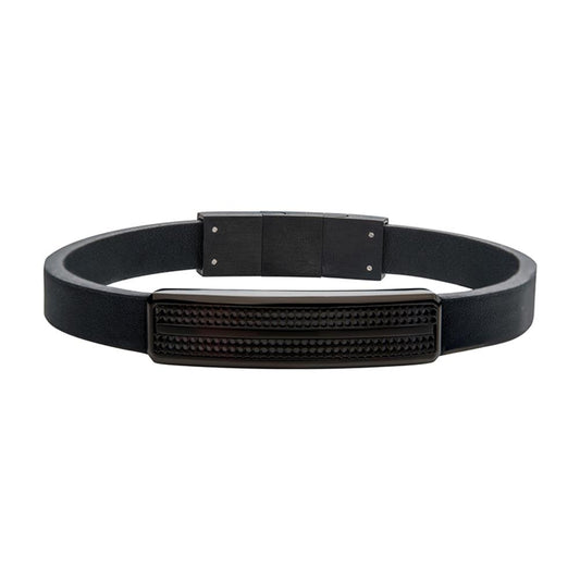 Introducing the Men's Black Leather with Black IP Streamline ID Bracelet by INOX. This 8.5" adjustable bracelet features a sleek slide magnetic clasp and a central decoration of parallel black ridges, adding texture and modern style to this versatile accessory.