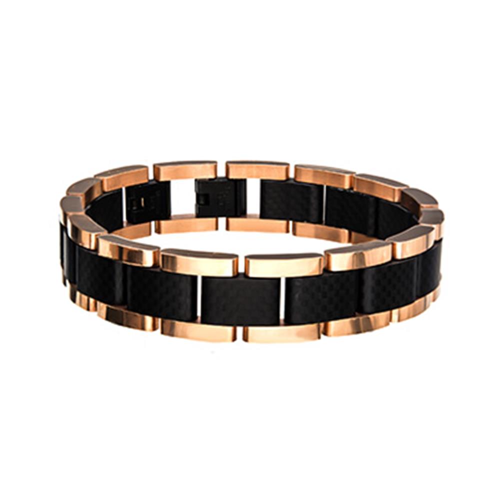 Introducing the INOX Black and Rose Gold Plated with Carbon Fiber Link Bracelet—a stylish men's accessory featuring alternating links of black carbon fiber and rose gold-plated metal. This bracelet combines contemporary sophistication with a sleek, modern design that truly stands out. It also includes a secure clasp for added convenience.