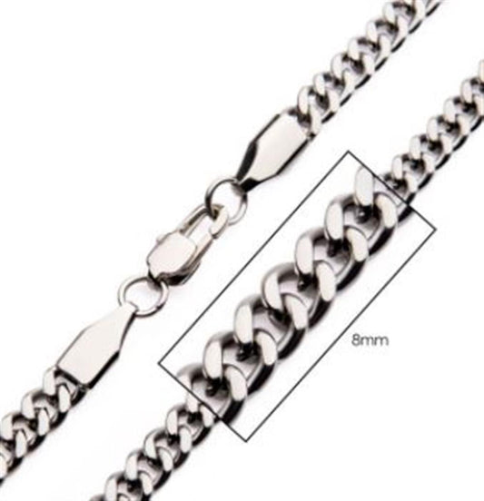 Close-up of an INOX 8mm Steel Diamond Cut Curb Chain Necklace, 22" in length, featuring a lobster clasp. The focal point is a section of the chain, highlighted with a rectangle and annotated to indicate that the chain links are 8mm in width. This Men's Stainless Steel Necklace offers both style and durability.