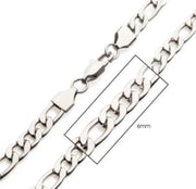 A close-up of the 6mm Steel Figaro Chain by INOX reveals its stainless steel construction and lobster clasp. The 24-inch chain features oval-shaped links, with a 6mm rectangular overlay highlighting the width.