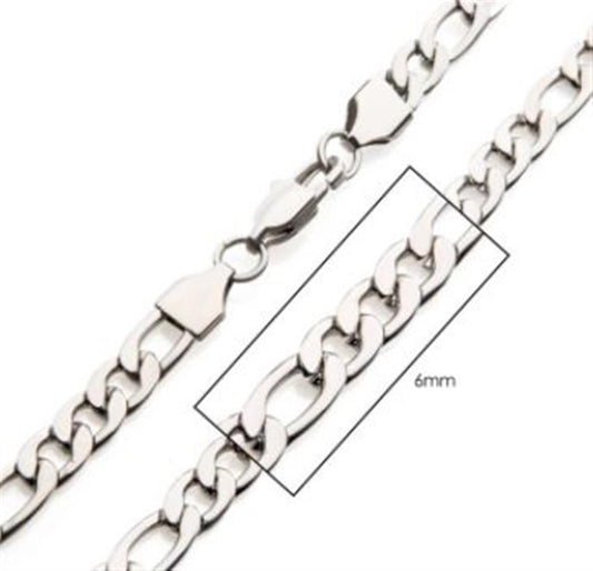 A close-up of the 6mm Steel Figaro Chain by INOX reveals its stainless steel construction and lobster clasp. The 24-inch chain features oval-shaped links, with a 6mm rectangular overlay highlighting the width.