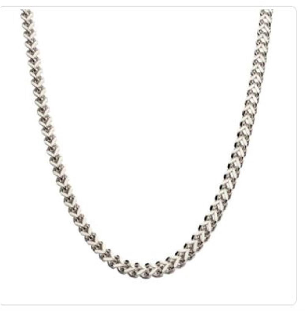 The INOX 4mm Steel Franco Chain, 22 inches in length, boasts a thick interlocking link design. This men's stainless steel necklace is uniformly shiny and reflective, gracefully laid out in a gentle curve against a plain white background.