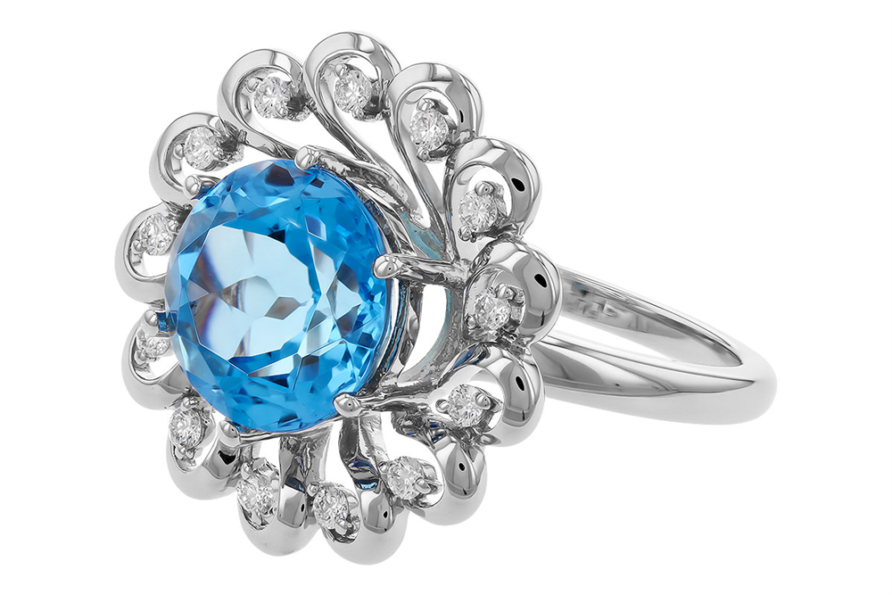 14K Gold Ring with Swiss Blue Topaz and Diamonds