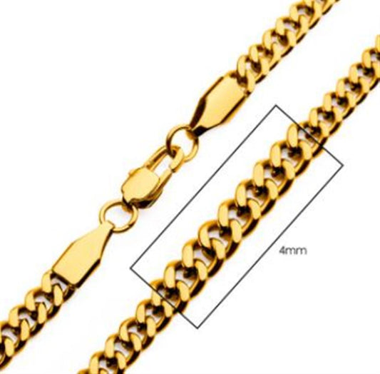 Close-up image of the 4mm 18K Gold Plated Diamond Cut Curb Chain Necklace by INOX, showcasing the interlocking links and sturdy lobster clasp. This men's stainless steel chain is highlighted against a white background, with a rectangle noting its width as 4mm. The image focuses on the intricate diamond cut design and durable clasp.
