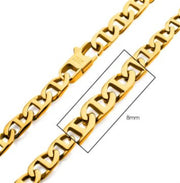 A close-up of the INOX 8mm 18K Gold Plated Mariner Link Chain for men, featuring interlocking rectangular links. The chain is displayed from two perspectives: a top view in one section and a side view in another. A rectangle highlights a segment of the stainless steel chain with '8mm' written within it, showcasing its precise measurements.