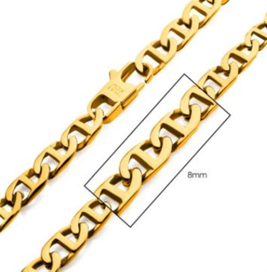 A close-up of the INOX 8mm 18K Gold Plated Mariner Link Chain for men, featuring interlocking rectangular links. The chain is displayed from two perspectives: a top view in one section and a side view in another. A rectangle highlights a segment of the stainless steel chain with '8mm' written within it, showcasing its precise measurements.