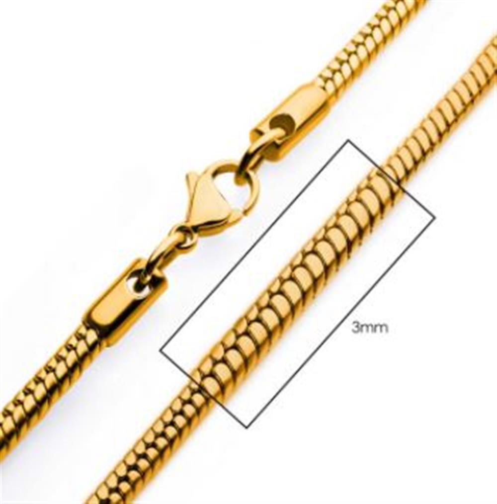 A close-up view of the shiny INOX 3mm 18K Gold Plated Rattail Chain with a lobster clasp. The chain features a detailed snake-style pattern and highlights the texture and precision of this Men's Chain Necklace design, measuring 20 inches in length.