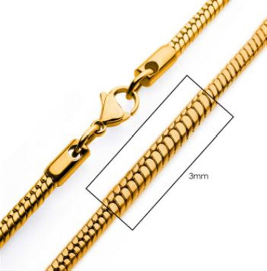 Close-up of a 3mm 18K gold plated rattail chain necklace by INOX, featuring a lobster claw clasp. An inset box on the side of the image highlights the chain's design and specifies its width is 3mm.