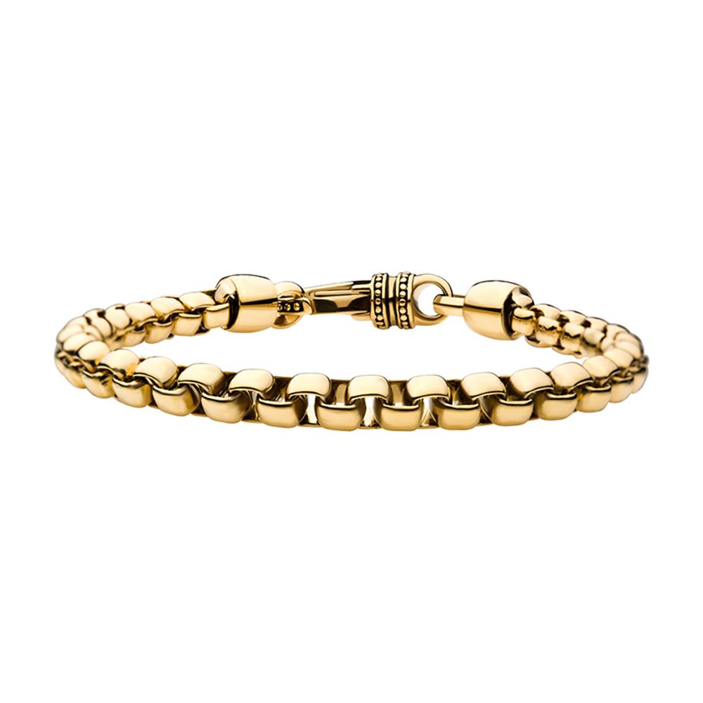 A close-up image of the Bold Box Chain Bracelet by INOX showcases a shiny 18K yellow gold bracelet with a classic link design. The bracelet features a polished finish and is fastened with a detailed, cylindrical clasp adorned with decorative elements. This men's box chain bracelet exudes elegance and fine craftsmanship.