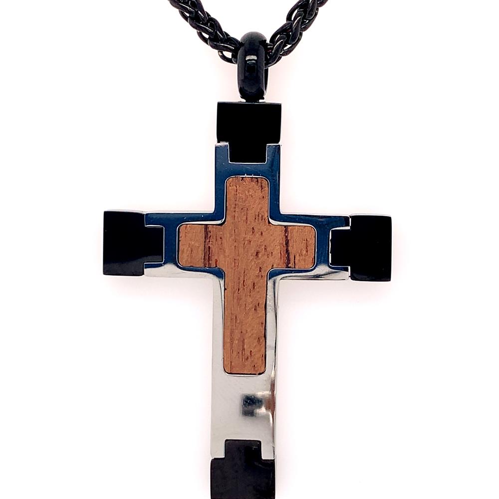 Steel Cross Pendant with Walnut Wood Inlay, with Black Wheat Chain / 2