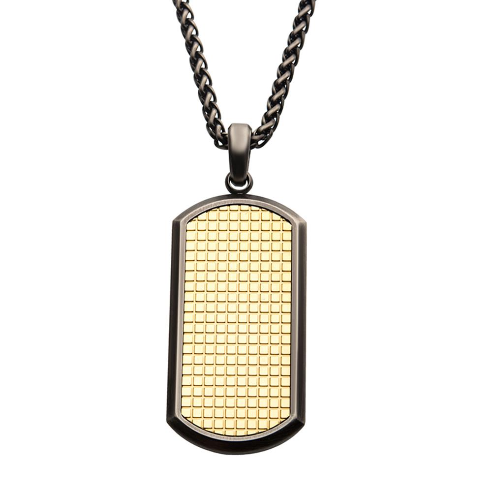 The INOX Gun Metal Plated Pendant with 18K Gold on a Wheat Chain showcases a striking rectangular pendant with rounded edges, featuring an elegant 18K gold-plated grid pattern framed by a contrasting gun metal-plated border. This eye-catching pendant is suspended from a thick, black wheat chain.