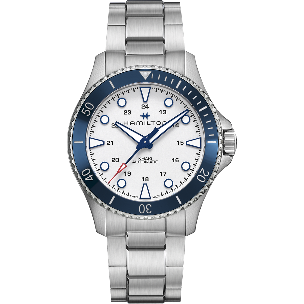 The Hamilton Khaki Navy Scuba Automatic Watch is a silver wristwatch with a metal band that showcases a white dial, silver hands, blue accents, and a date display at the 3 o’clock position. It features a blue ceramic bezel with silver markings and employs an automatic movement ideal for maritime adventures. The brand name is prominently centered on the dial.
