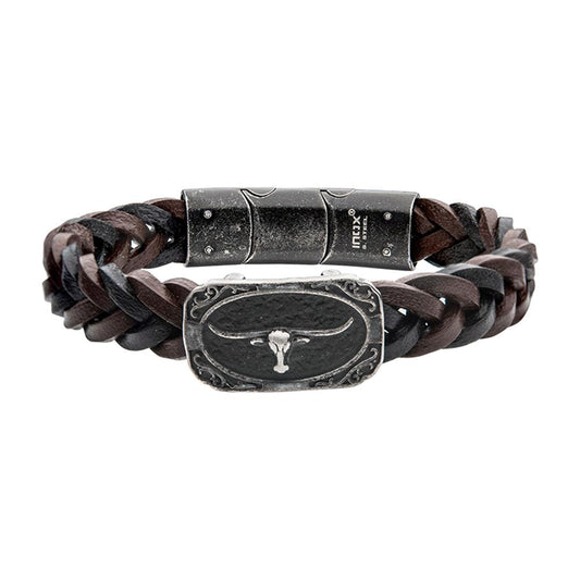 Men's Black & Brown Braided Leather with Gun Metal Plated Longhorn wit
