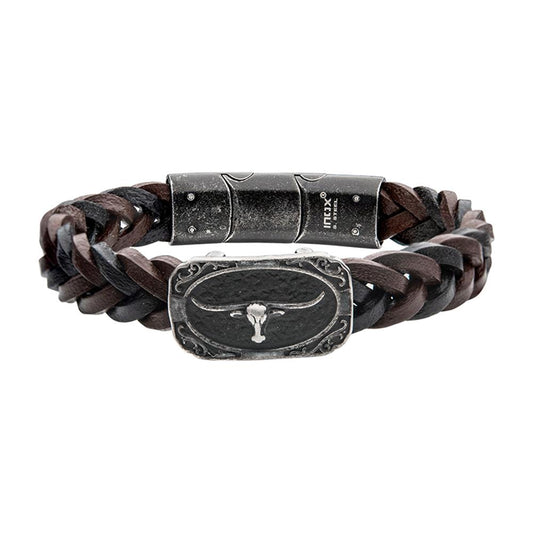 The INOX Men's Black & Brown Braided Leather Bracelet features intertwined strands of black and brown leather. Central to its design is a gun metal plated longhorn on a rectangular metal plate, complemented by a sleek magnetic clasp for easy wear.
