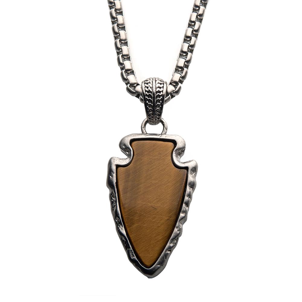 Men's Tiger Eye Stone with Brushed Steel Frame Pendant with 24 inch lo