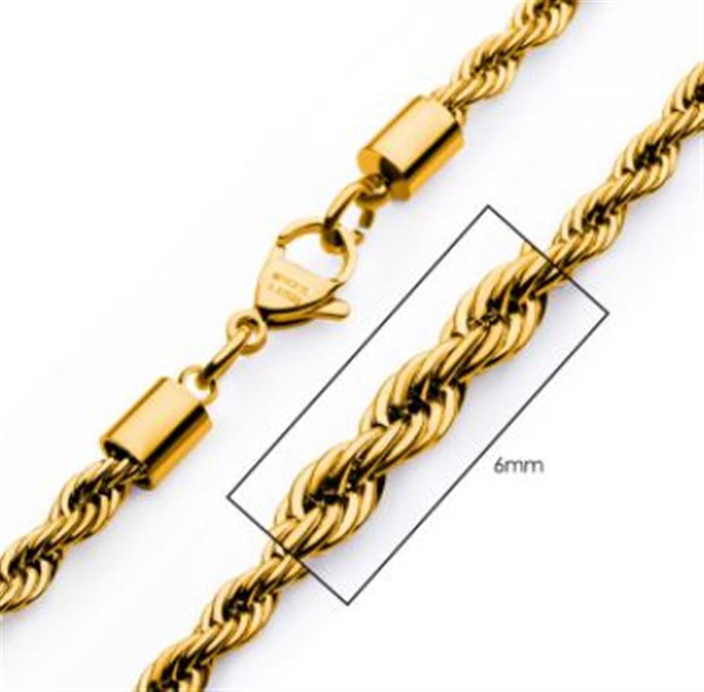 6mm 18K Gold Plated Rope Chain | 22" | INOX