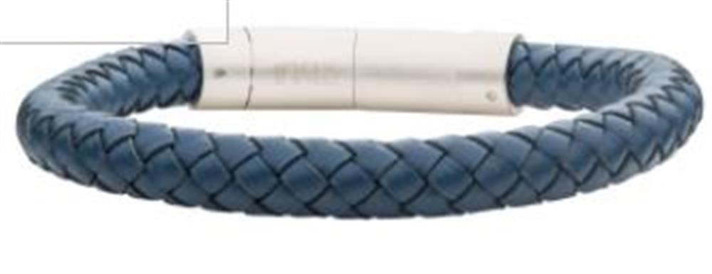 The 8mm Blue Genuine Leather Bracelet by INOX is a men's accessory designed from authentic braided blue leather, featuring a circular shape and intricate woven pattern. It includes a sleek and polished silver stainless steel magnetic clasp that adds a refined touch to its casual yet stylish appearance.