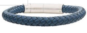 The 8mm Blue Genuine Leather Bracelet by INOX is a men's accessory designed from authentic braided blue leather, featuring a circular shape and intricate woven pattern. It includes a sleek and polished silver stainless steel magnetic clasp that adds a refined touch to its casual yet stylish appearance.