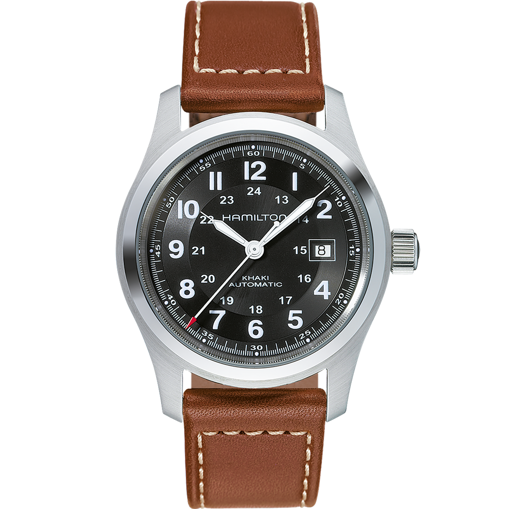 A close-up of the Hamilton Khaki Field Automatic Watch | 42mm, showcasing its silver case, black dial, and white hour markers. Featuring an H-10 automatic caliber with an impressive 80-hour power reserve, it includes a date window at the 3 o'clock position and is paired with a brown leather strap adorned with white stitching.