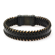 The INOX Men's Black Leather in Stainless Steel Bracelet boasts a robust design featuring intricate braiding along its edges. Equipped with a black clasp for closure, this stylish and durable bracelet has a unisex appeal that makes it a standout piece.